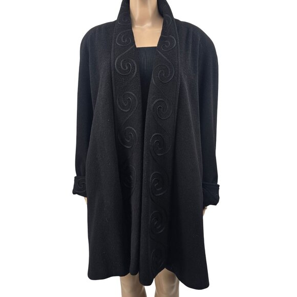 Vintage 80s Embroidered Black Wool Swing Coat, Women's XXL - Picture 9 of 9